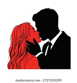 Red and black vector illustration of man and woman kissing, passionate valentines day artwork, romantic couple bond