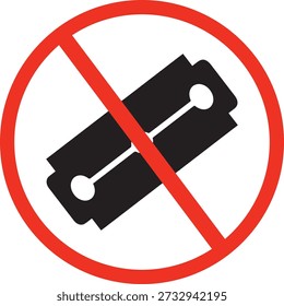 Una Ilustración vectorial roja y negra de un signo de prohibición con un ícono de cuchilla de afeitar, que indica una prohibición de objetos afilados o herramientas de aseo personal en un área específica.