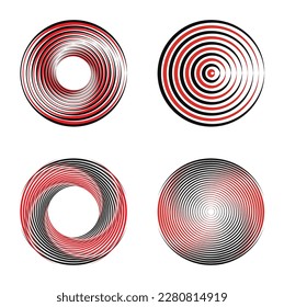 Red and black vector illustration shows a group of circular shapes that are depicted with a spiral line that flows outward from the center	