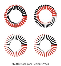 La ilustración vectorial roja y negra muestra un grupo de formas circulares que se representan con una línea espiral que fluye hacia fuera del centro	