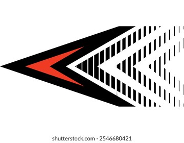 Flecha rayada de Vector rojo y negro sobre fondo blanco. Puntero. Navegación, Símbolo. Elemento de diseño. Patrón deportivo.