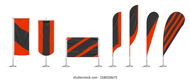 Red And Black Vinyl Flags And Banners On Pole. Vector Realistic Template Of Fabric Promotion Posters, Advertising Striped Canvas Pennants Hanging On Metal Frame And Stand