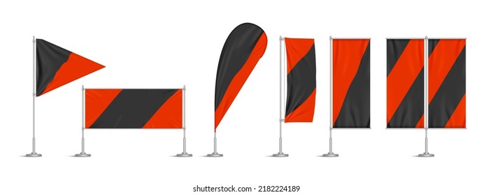 Red And Black Vinyl Flags And Set Banners On Metal Pole. Vector Realistic Template Of Fabric Promotion Posters, Advertising Striped Canvas Pennants Hanging On Metal Frame And Stand