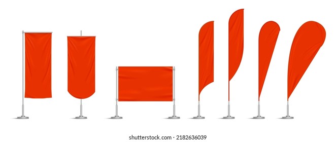 Red And Black Vinyl Flags And Set Banners On Metal Pole. Vector Realistic Template Of Fabric Promotion Posters, Advertising Striped Canvas Pennants Hanging On Metal Frame And Stand