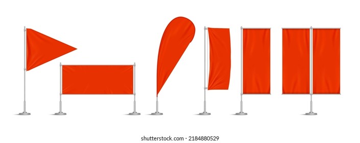 Red And Black Vinyl Flags And Set Banners On Metal Pole. Vector Realistic Template Of Fabric Promotion Posters, Advertising Striped Canvas Pennants Hanging On Metal Frame And Stand