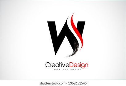 Red and Black W Letter Design Brush Paint Stroke. Letter Logo with Black Paintbrush Stroke.