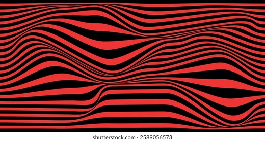 Padrão abstrato ondulado vermelho e preto em um fundo geométrico. Ilustração dinâmica mostrando um padrão de ilusão óptica ondulada vermelha e preta, enfatizando ritmo e modernidade.