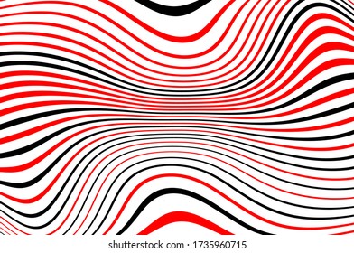Red and black wavy lines. Optical art background. Pattern with wavy, curves lines. Digital image with a psychedelic stripes. Vector illustration  
