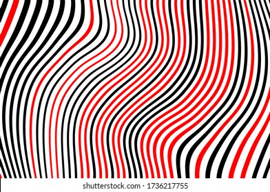 Red and black wavy lines. Optical art background. Pattern with wavy, curves lines. Digital image with a psychedelic stripes. Vector illustration  