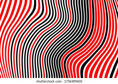 Red and black wavy lines. Optical art background. Pattern with wavy, curves lines. Digital image with a psychedelic stripes. Vector illustration  