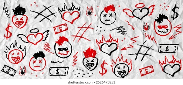 Red and black wax crayon drawing grafitti elements. Marker drawing retro rock elements. Vector charcoal outline symbols cute heart, mohawk hairstyle head, mouth stick out tongue on the crumpled paper