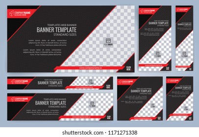 Red and Black Web banners templates, standard sizes with space for photo, modern design