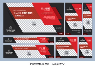 Red and Black Web banners templates, standard sizes with space for photo, modern design