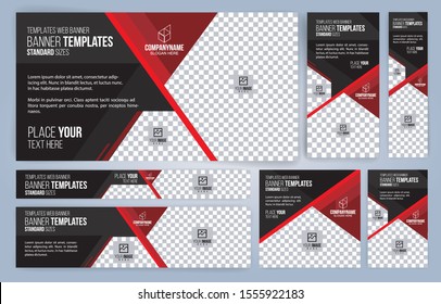Banners Web en rojo y negro, plantillas de tamaños estándar con espacio para fotografía, diseño moderno