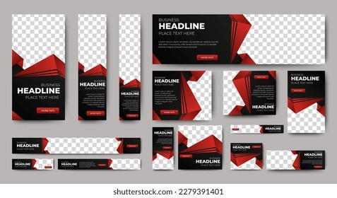 Red and Black Web banners templates, standard sizes with space for photo, modern design. vector