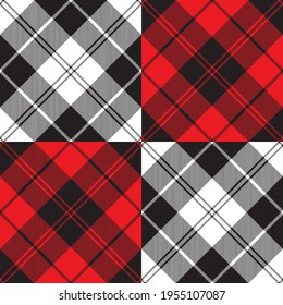 Red, black and white argyle plaid patchwork. Tartan pattern blend for textile, paper and other prints.