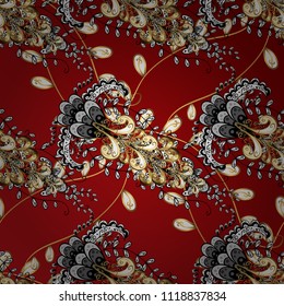 Red, black and white backdrop with gold trim. Patina. Luxury furniture. Carving. Furniture in classic style. Ornamental element woodcarving. Pattern on red, black and white colors with golden elements