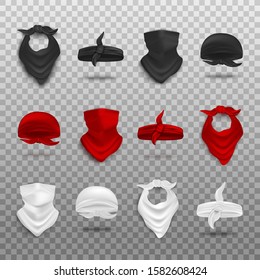 Red, black and white bandanas set, realistic vector illustration mockup isolated on transparent background. Fashion neck scarf or garment template for design presentation.