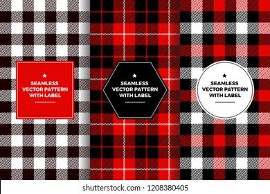 
Red Black White Buffalo Check and Tartan Plaid Seamless Patterns with Label Frames. Copy Space for Text. Set of Design Templates for Packaging, Covers or Gift Wrapping.