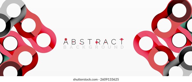 Red, black, white circles interlock. Modern design, abstract composition. Clean lines, simple shapes, elegant presentation. Minimalist style, vibrant colors.