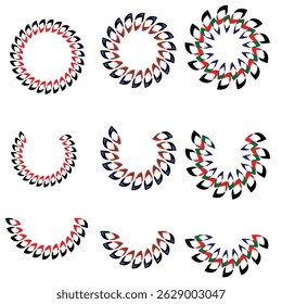 Formas florais circulares vermelhas, pretas e brancas, definidas com padrões pétalas ideais para bordas molduras, elementos de design, decoração e projetos criativos de arte vetorial