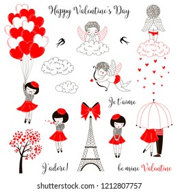 Red, black, white colored Valentine's day clip art set. Cute cartoon girl and angel characters. Vector Doodle love themed graphics.