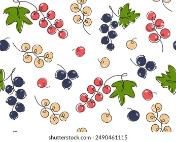 Red Black white Currant Seamless pattern. Summer Ripe berries bunch. Doodle outline Fruit Background. Cute Abstract Berry pattern for design menu, recipes, food juice jam package. Vector illustration