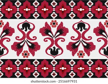 Red, black, and white embroidery, motif ethnic ikat seamless textile illustration, print striped ornament, pattern, design for wrapping, silk, scarf, clothing, background, textile, carpets, curtains.