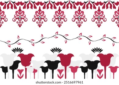 Red, black, and white embroidery, motif ethnic ikat seamless textile illustration, print striped ornament, pattern, design for wrapping, silk, scarf, clothing, background, textile, carpets, curtains.
