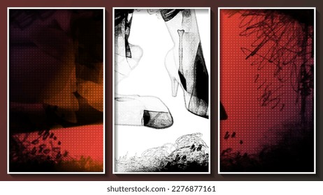 Red black white grunge triptych. Women's legs in high-heeled shoes. Abstract collage stylization. Canvas imitation. Three images in white thin frames. Author's work. Vector.