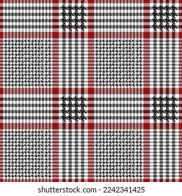 Rotes, schwarz-weißes Hundstooth-Muster. Schottische Scheckputzmaschine, Armbanduhr, Nahaufnahme. 