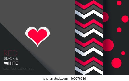 Red, black and white pattern set. Three different patterns with stripes, dots and heart on one. Valentines Day set. 
