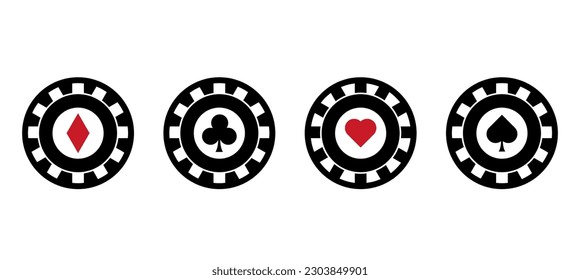 Red, black, white,  poker chip,  casino chips on white background, poker  vector design,  card suit casino ,icon. 