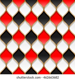 Red, black and white rhombuses with golden partitions. Abstract seamless pattern for design and textile
