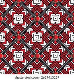 Red, black and white seamless ethnic pattern with Greek key meanders, symbols, geometric motifs, arrows, 3d buttons and love hearts. Traditional folk style textile design. Vector endless textute.