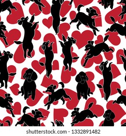 Red, black and white seamless vector background with elements of happy poodles and hearts. Perfect for gift wrapping paper, fabric, wall paper, invitations, scrapbooking, quilting and projects.