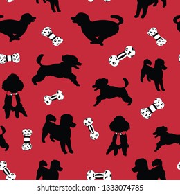 Red, black and white seamless vector background with elements of dogs and toys. Perfect for fabric, invitations, gift wrapping paper, wall paper, dog fabric, scrapbooking, home decor and projects.