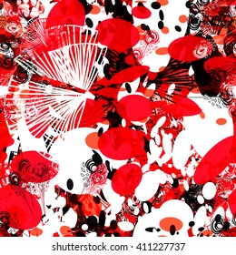Red, black and white. Spots, stylized leaves. Abstract contrast seamless vector pattern.