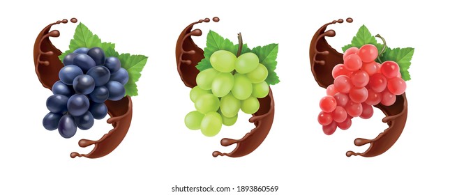 Red black and white table grapes, wine grapes in chocolate. Dessert fruits vector icon set