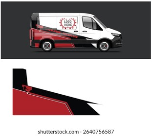 Red, black, and white van wrap design template. Modern and sporty vehicle livery for business.