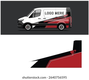 Red, black and white van wrap design template with space for logo and contact information. Perfect for security or delivery services.