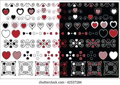 Red, black and white vector valentine designs with gingham trim in a variety of color combinations.