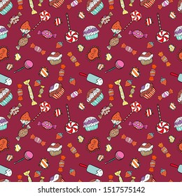 Red, black and white version. Cute and colorful candy sweet seamless pattern on red, black and white background. Isolated. Vector illustration.