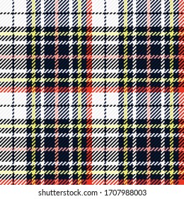 Rote, schwarze, weiße und gelbe Gingham-Stoffhintergrund mit Stoffstruktur. Nahtlose Textur. Nahtlose Tartan-Fliesen. Anzüge für Decken, Verpackung und Geschenkverpackung. Kein Farbverlauf. Keine Transparenz.
