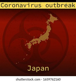 Red black and yellow Japan dotted map with coronavirus outbreak and biohazard sign illustration