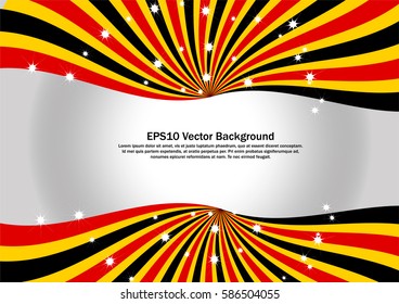 Red, Black and Yellow Radial Swirl with sparkling star vector background. Flag Sunburst with shining stars on gradient white Illustration for backdrop, banner or advertisement.