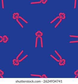 Red Blacksmith pliers tool icon isolated seamless pattern on blue background.  Vector