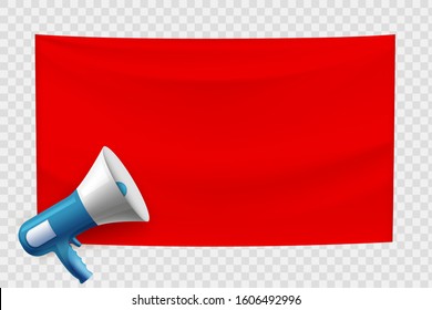 Red blank banner with loudspeaker. Empty template flag with copy space. Mockup isolated on a transparent background. Vector background.