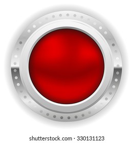 Red Blank Button With Silver Border On White Background