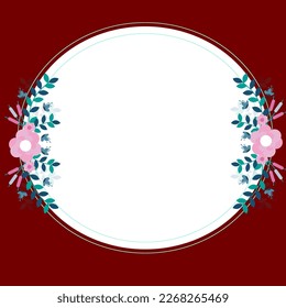 Red Blank Circle Frame Decorated With Colorful Flowers And Foliage Arranged Harmoniously. Empty Poster Border Surrounded By Multicolored Bouquet Organized Pleasantly.